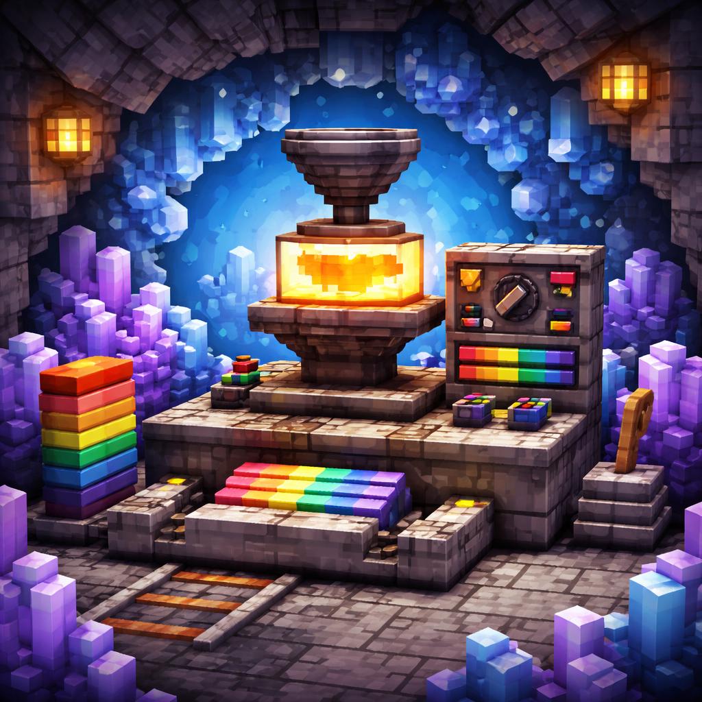 Voxel cave studio with a glowing code anvil and gradient text pieces rolling out on a rail