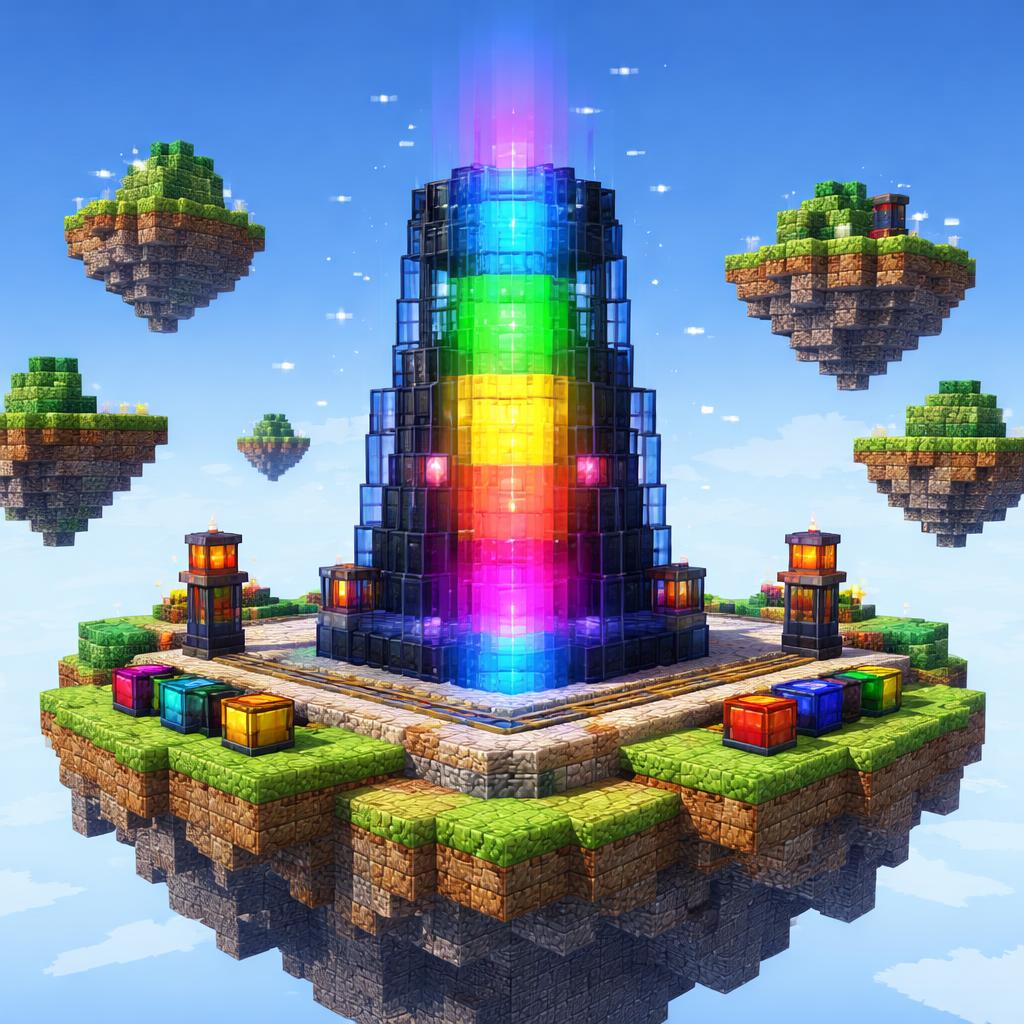 Voxel floating island display showing layered gradient light rising through a text monument