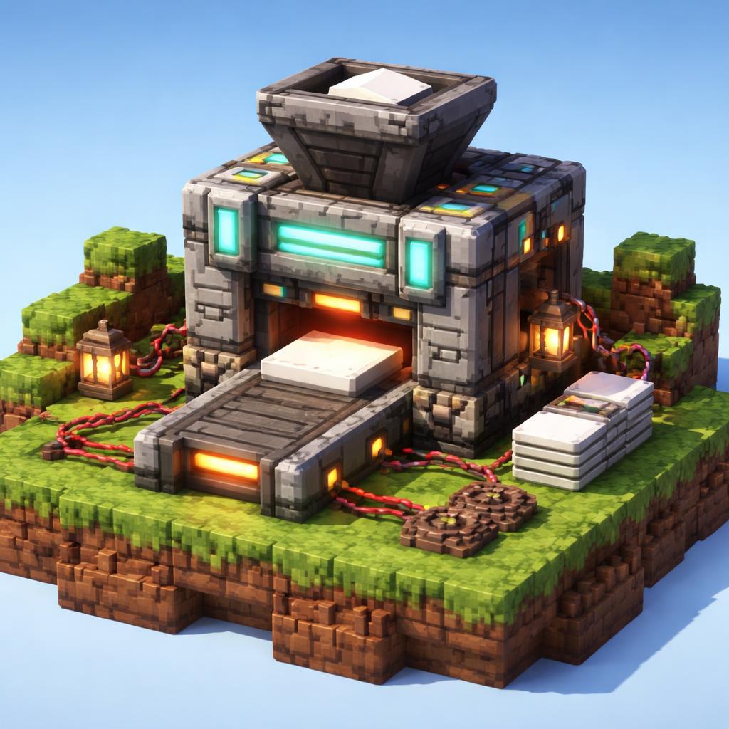 Voxel scene of a card forge turning plain tiles into soft-shadow UI panels