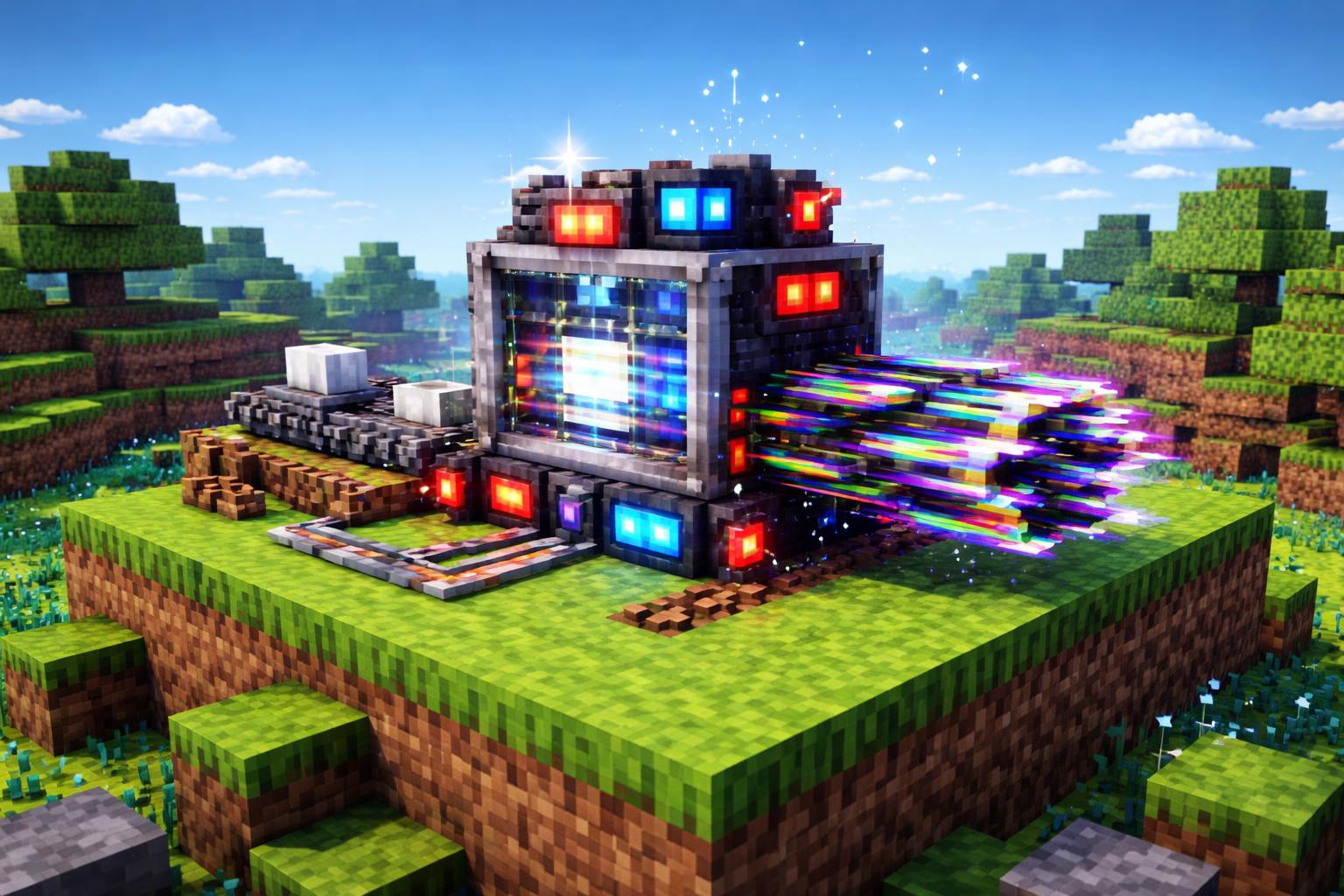 A voxel banner showing a glitch effect machine turning clean blocks into RGB-sliced fragments