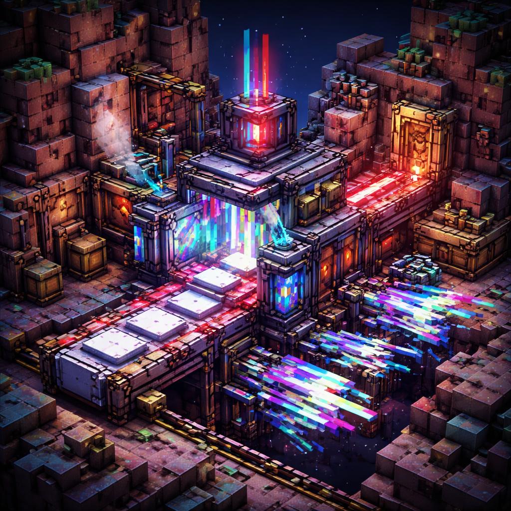 A voxel factory producing fragmented cyberpunk shapes on a moving assembly line