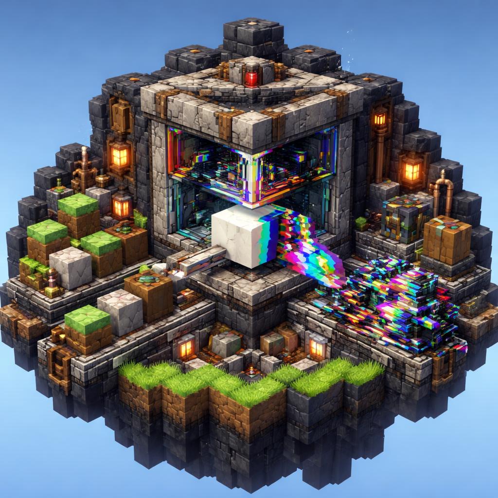 A voxel workshop where clean blocks are transformed into glitchy RGB slices
