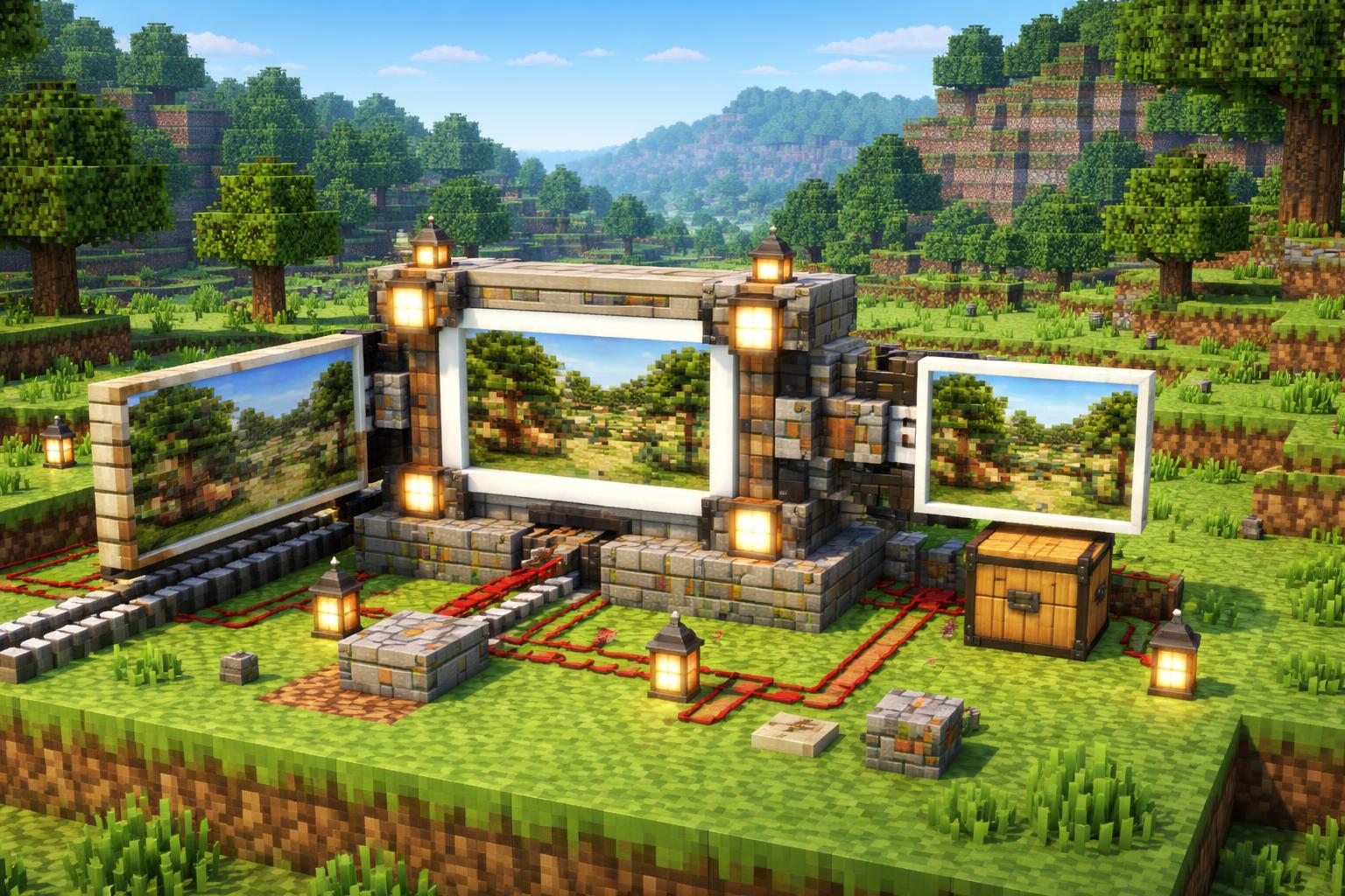 A voxel-style banner showing a cropping machine trimming an image on a grassy plateau