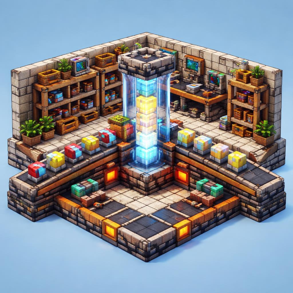 Voxel workshop scene with Base64 text being decoded into plain text blocks
