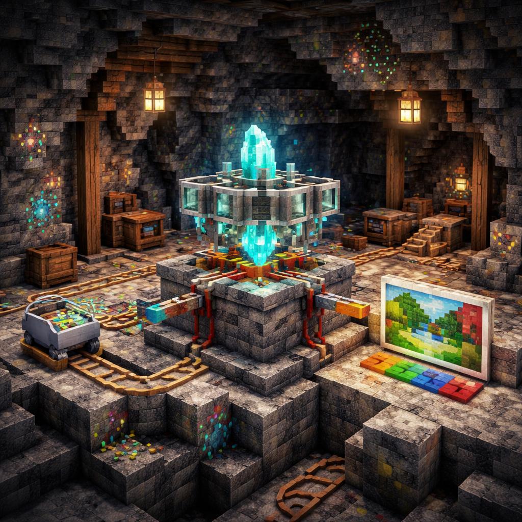 Voxel cave lab where encoded blocks become a readable image and text