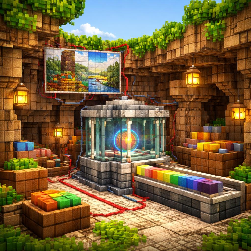 Voxel workshop where a palette analyzer turns image fragments into clean swatches