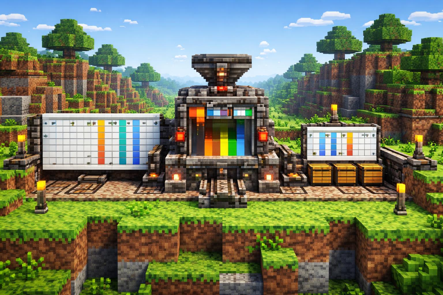A voxel machine extracting selected CSV columns on a banner-sized grassy plateau