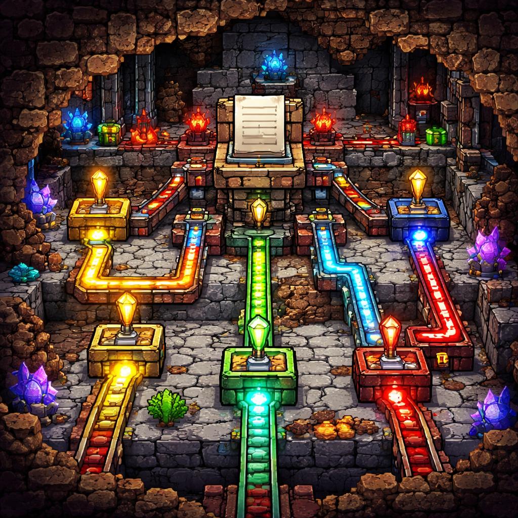 Voxel cave archive showing link paths sorted into different chests with warning lanterns