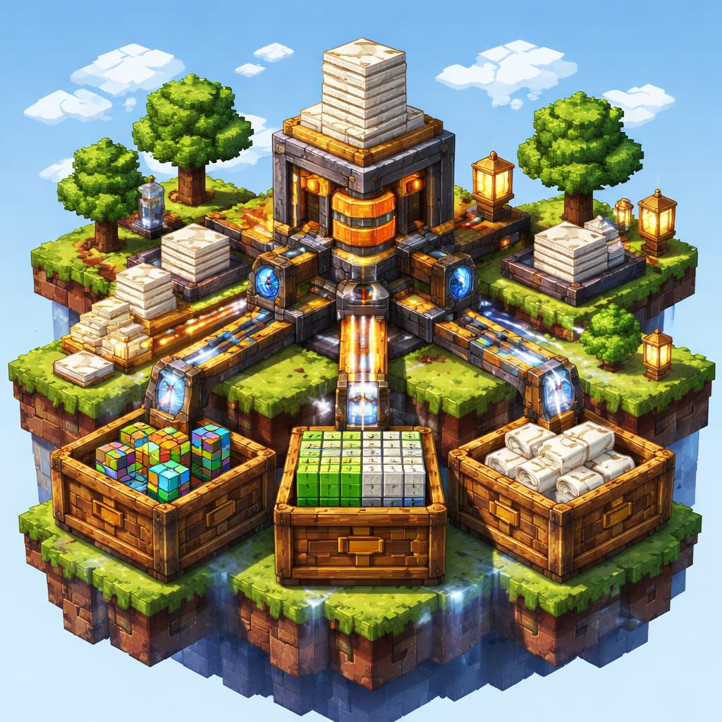 A floating island voxel data lab splitting batch PDF forms into CSV blocks, JSON crystals, and form-data scrolls