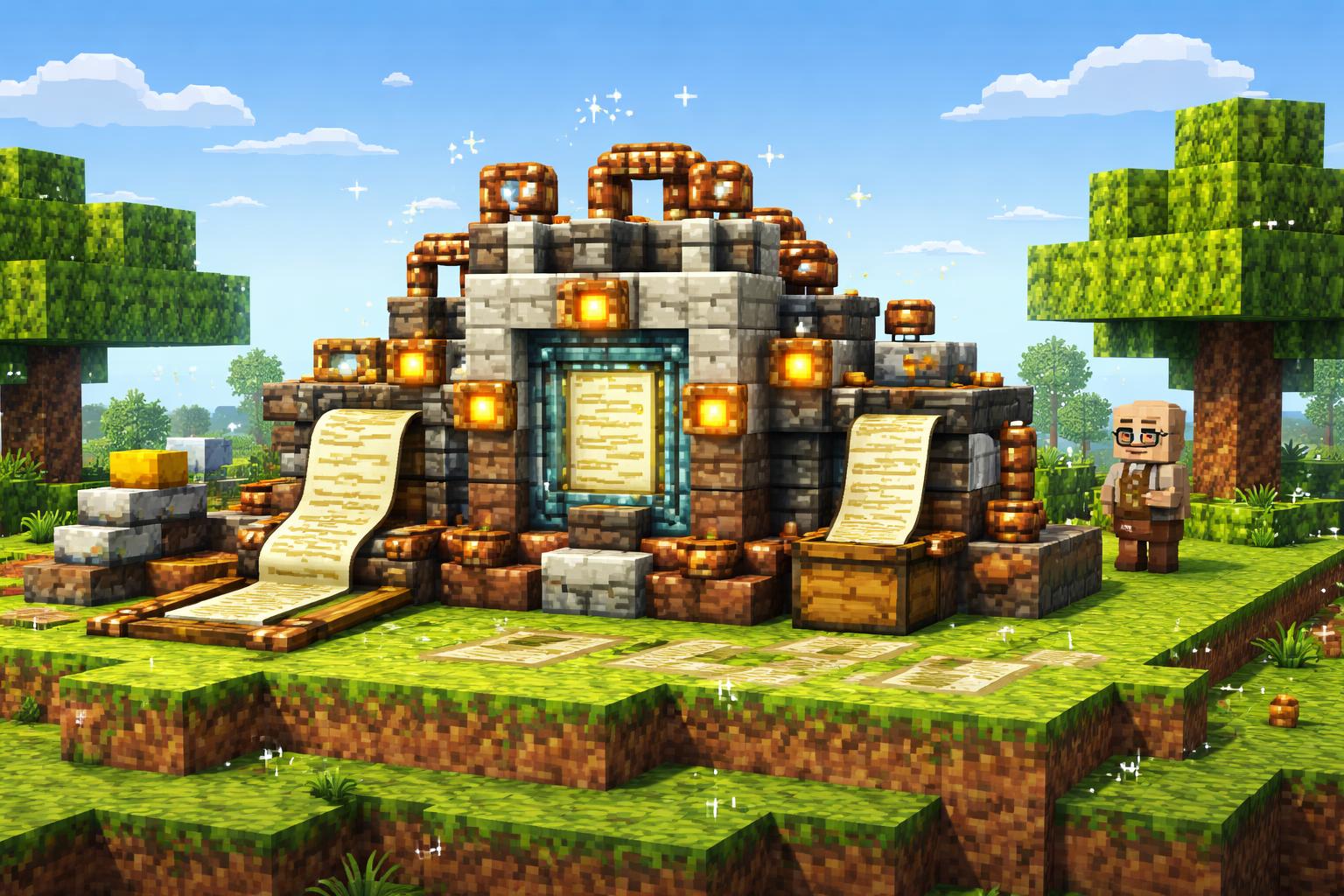 A voxel XML formatting machine on a grassy plateau with XML entering on rails and emerging neatly indented
