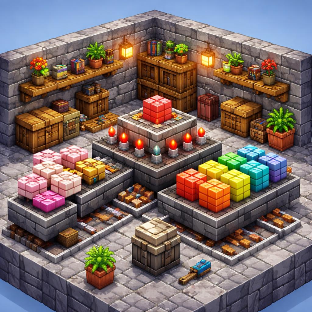 A voxel workshop where tangled XML blocks are sorted into neat, color-coded stacks by a redstone machine
