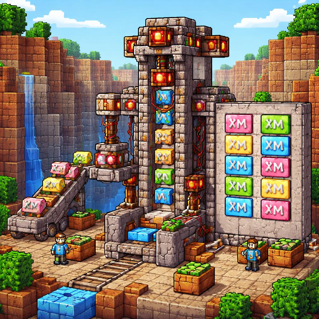 A voxel canyon machine repairing broken XML fragments into a perfectly aligned document wall