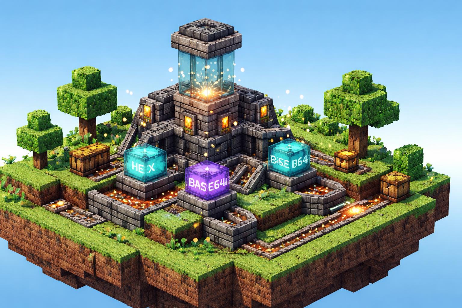 Voxel banner showing a token forge on a grassy plateau
