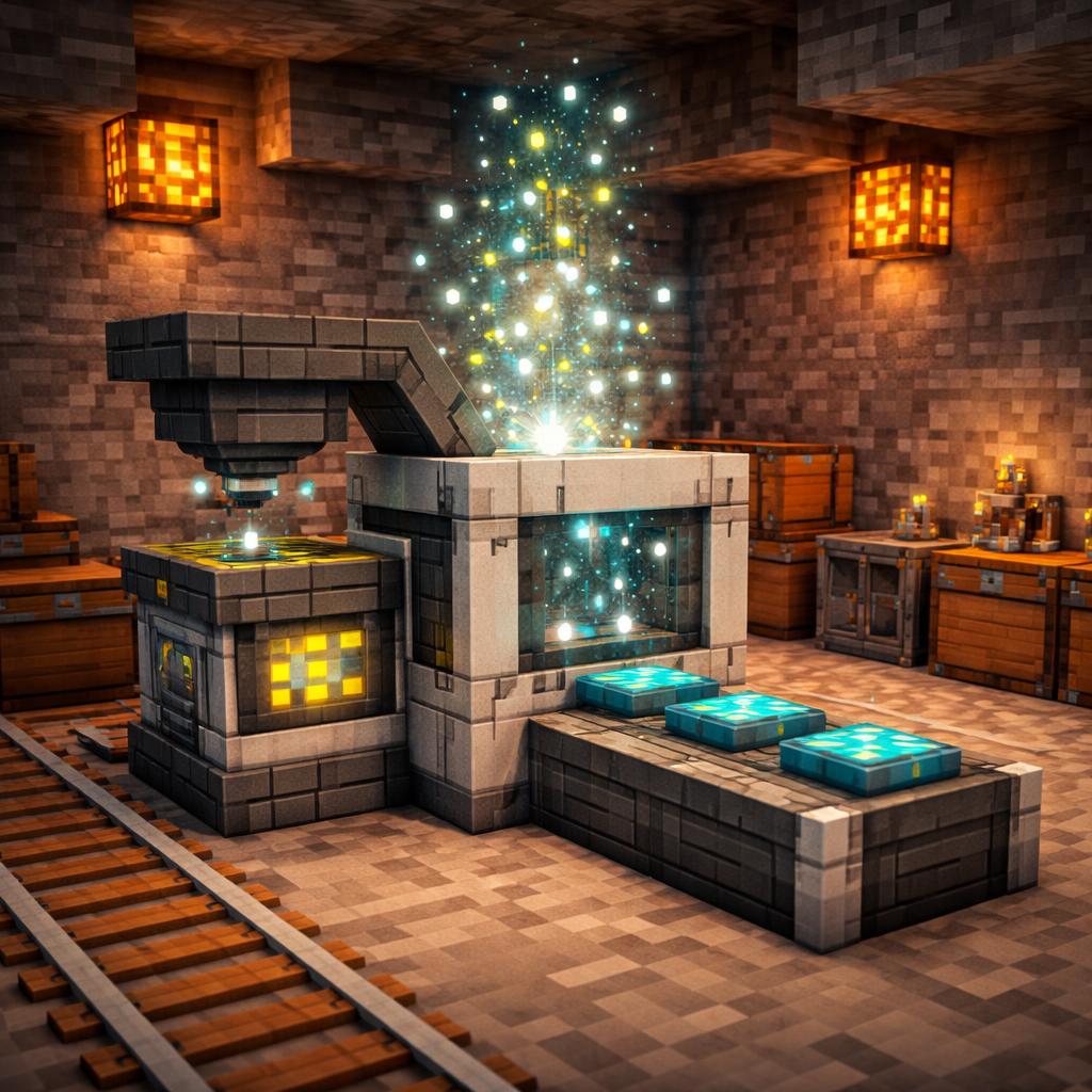 Voxel workshop machine turning random particles into sealed token tiles