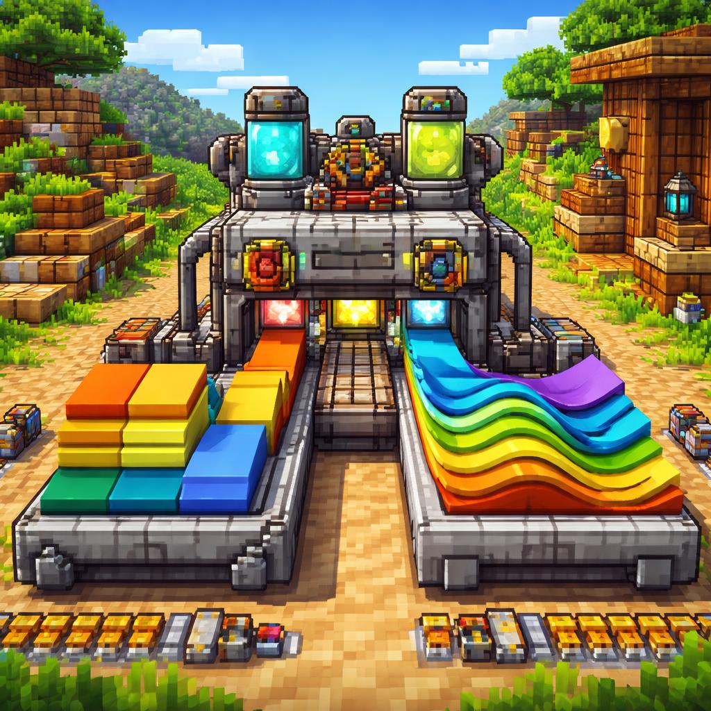 Voxel workshop illustration of a machine turning straight blocks into flowing wave dividers