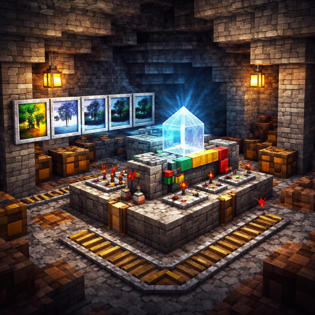 A voxel cave lab with a redstone intensity slider gradually changing an image into a full negative