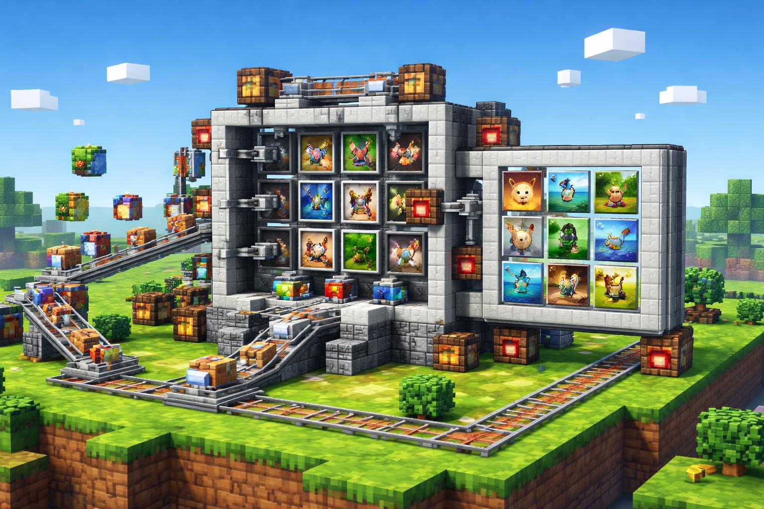 Voxel banner showing a modular image grid assembler with tiles moving on rails