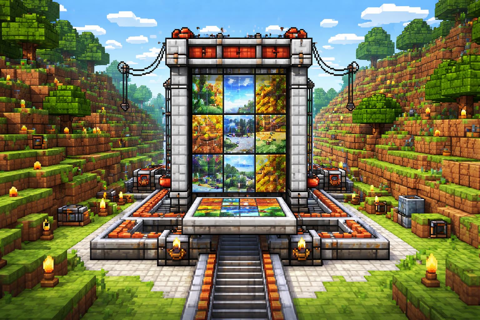 Voxel factory valley where separate panels are processed into a polished tiled poster