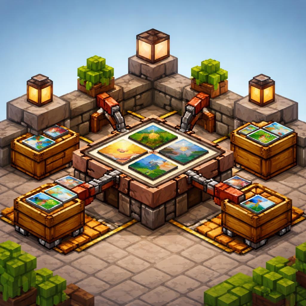 Voxel workshop scene with a tidy 2x2 collage being assembled from image tiles
