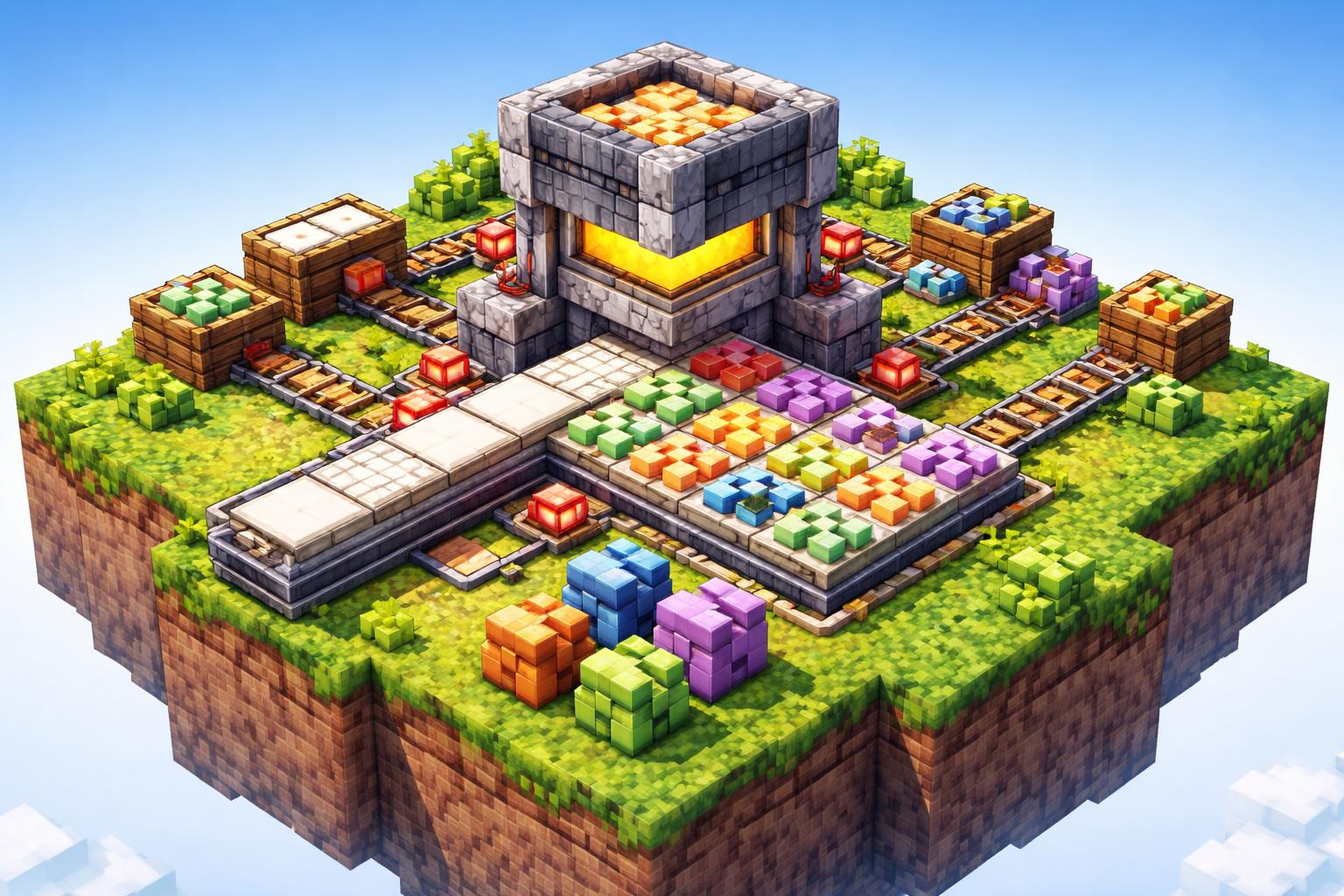 Hero banner showing a voxel machine stamping repeating isometric cubes