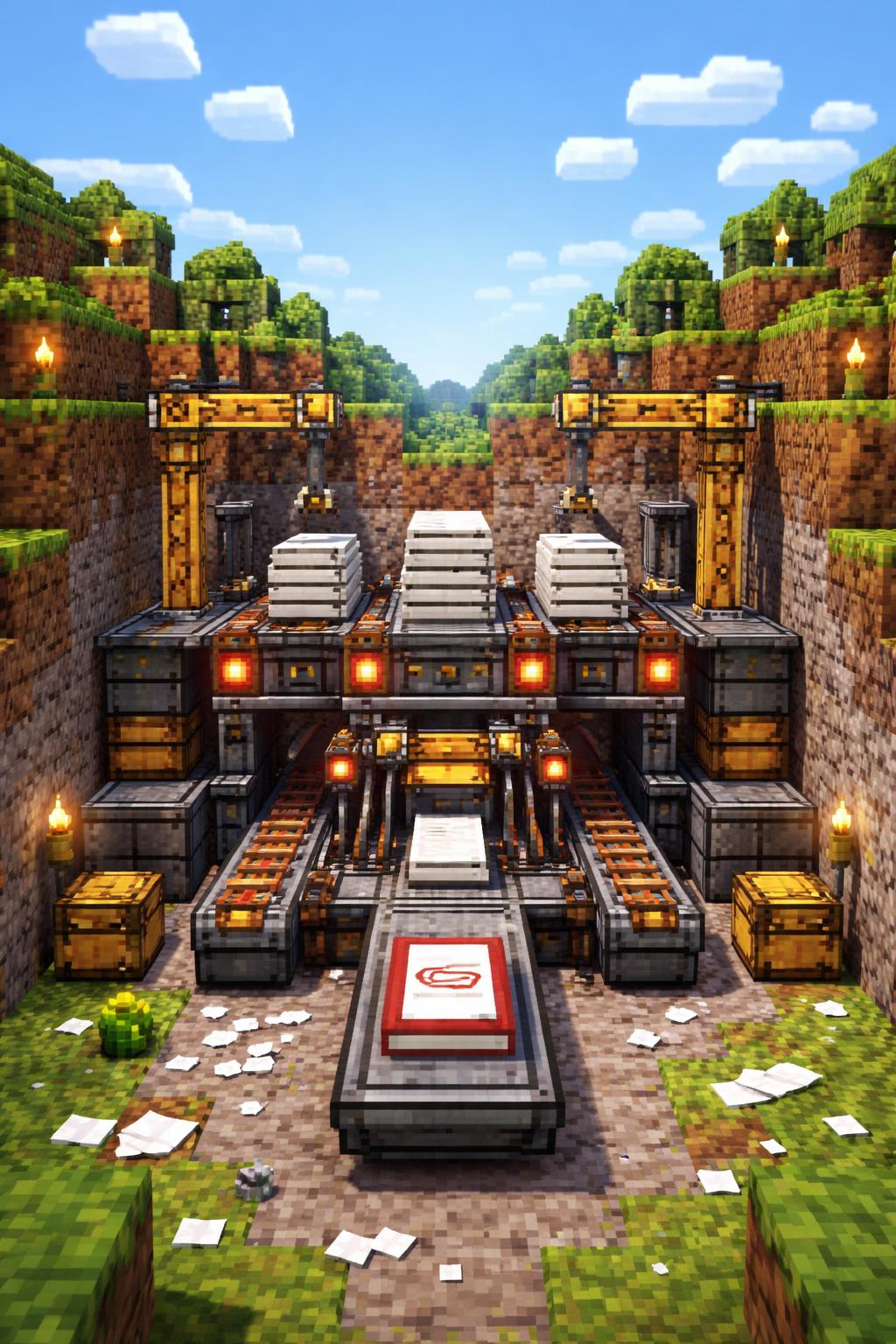 Voxel factory scene showing several document stacks being combined into one finished file
