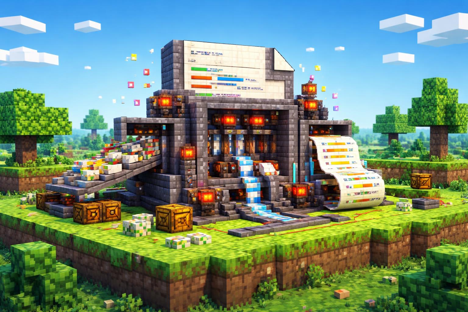 A voxel banner showing HTML being compressed by a tiny redstone code refinery