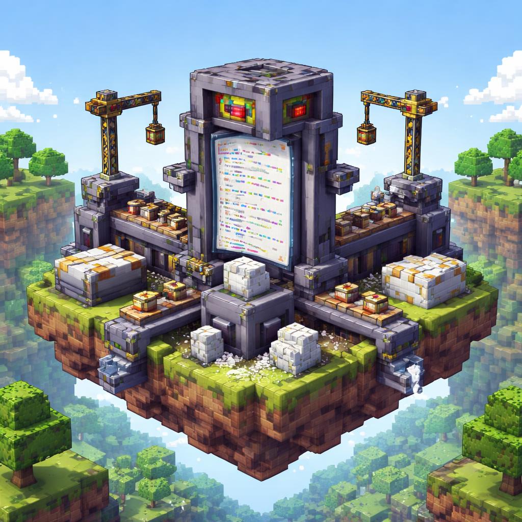 A voxel factory in a valley transforming a wide HTML sheet into a compact block