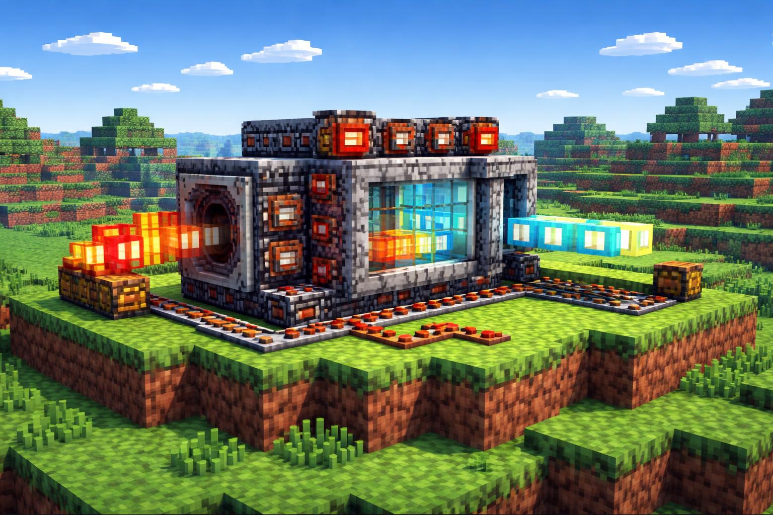A voxel machine silencing a video clip on a grassy plateau