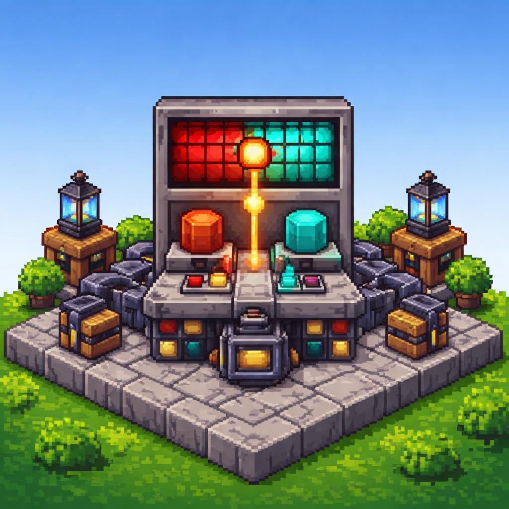 Voxel illustration of a color-swap machine transforming a mosaic from one color to another