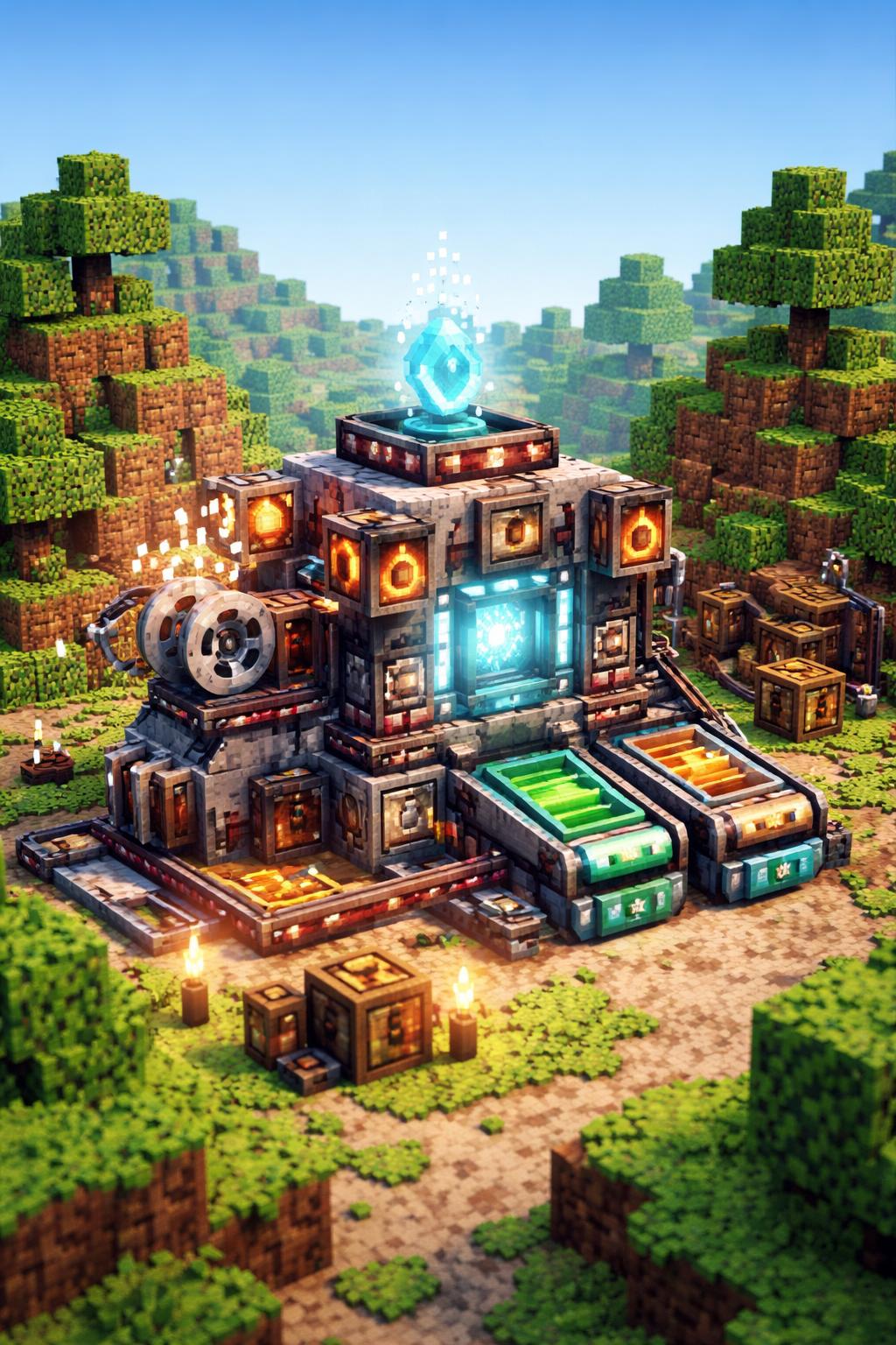 Voxel scene showing narration and music tracks being organized