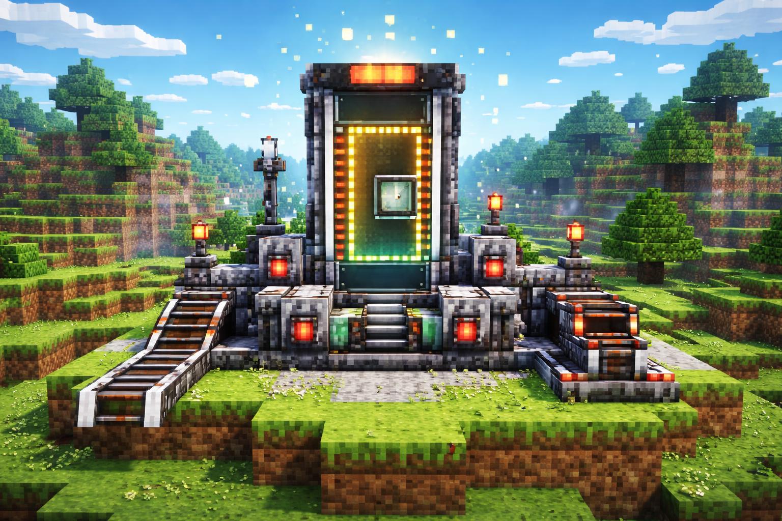 A voxel machine resizing a video strip on a grassy plateau