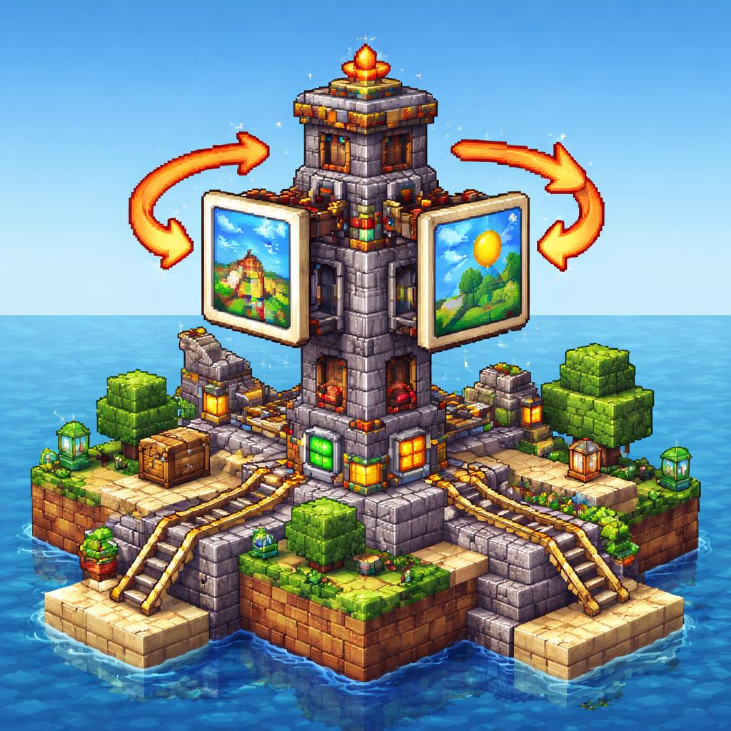 Voxel valley scene with a rotation tower correcting image orientation