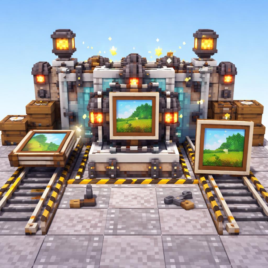 Voxel scene of a machine turning a sideways image upright