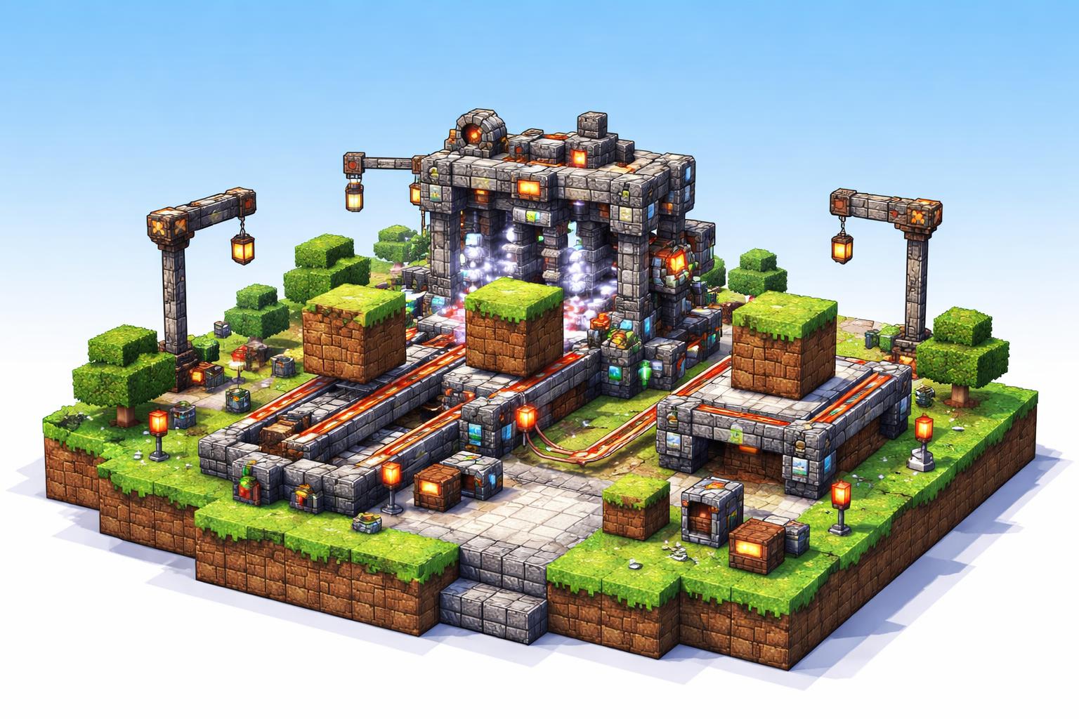 A voxel 3D model alignment machine on a grassy plateau