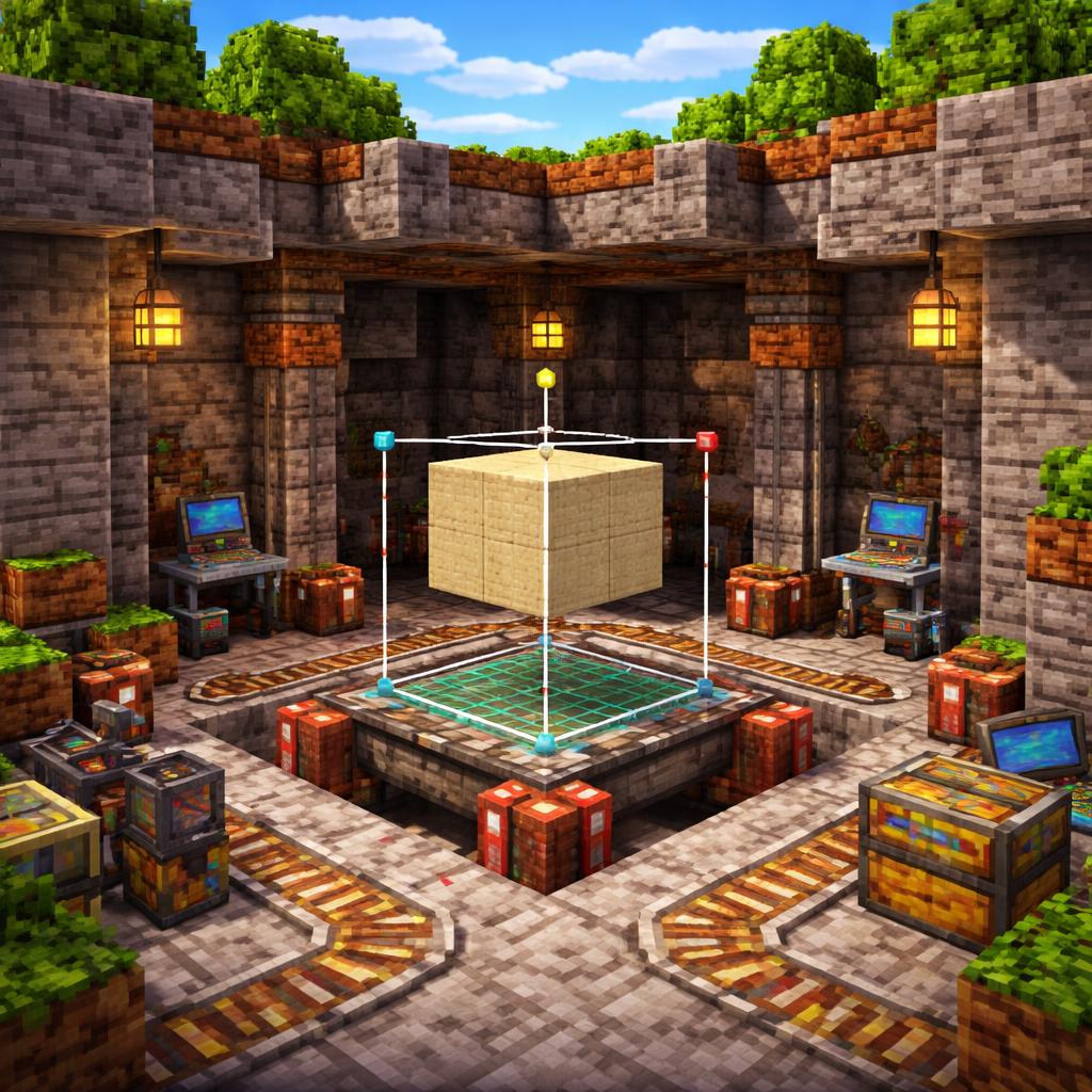 A cave lab scene showing a grounded model aligned on a glowing grid