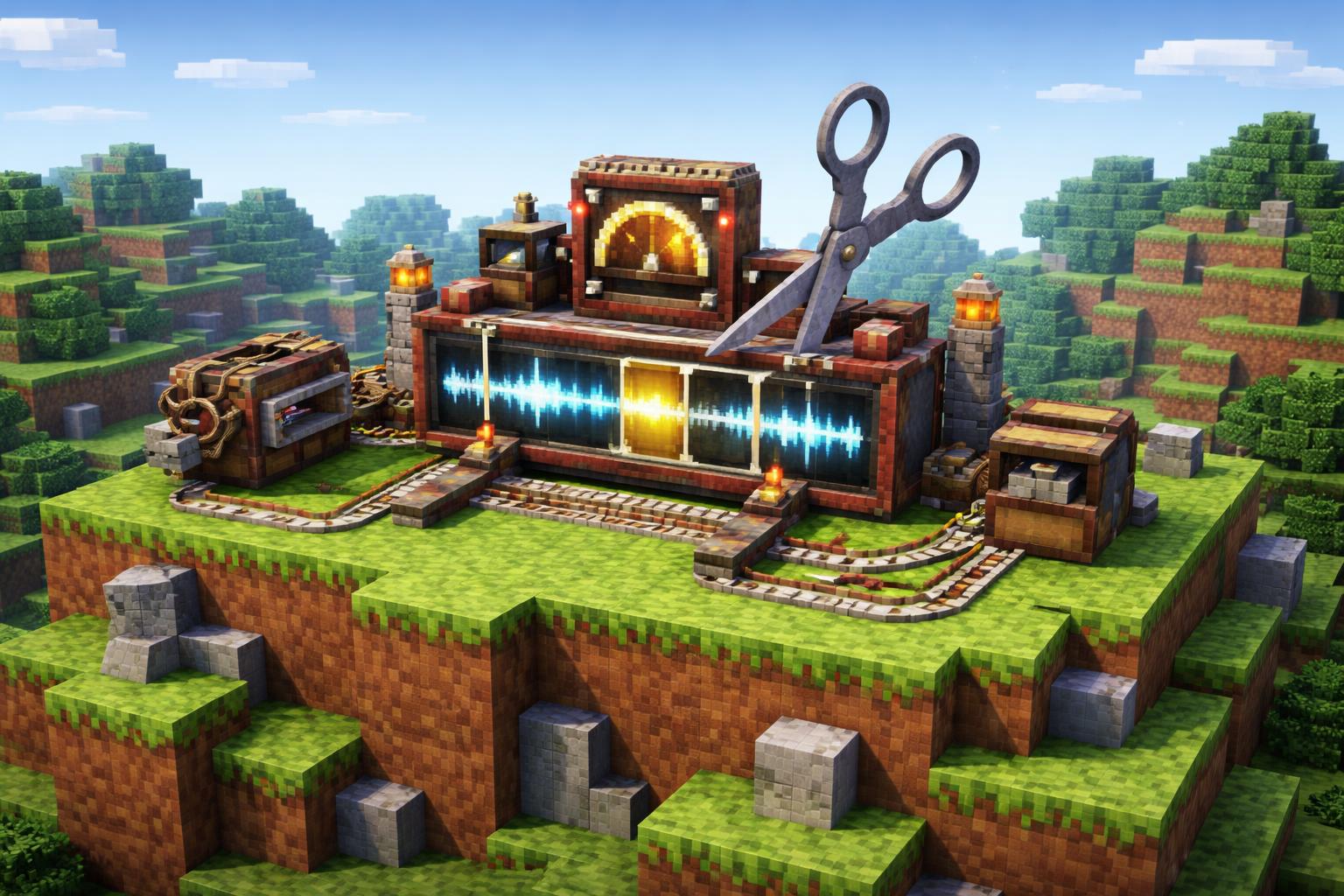 Hero banner showing a voxel audio trimming machine