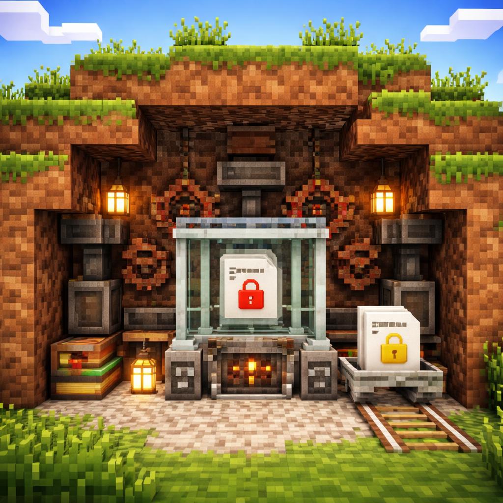 A voxel machine unlocking a document in a hillside workshop