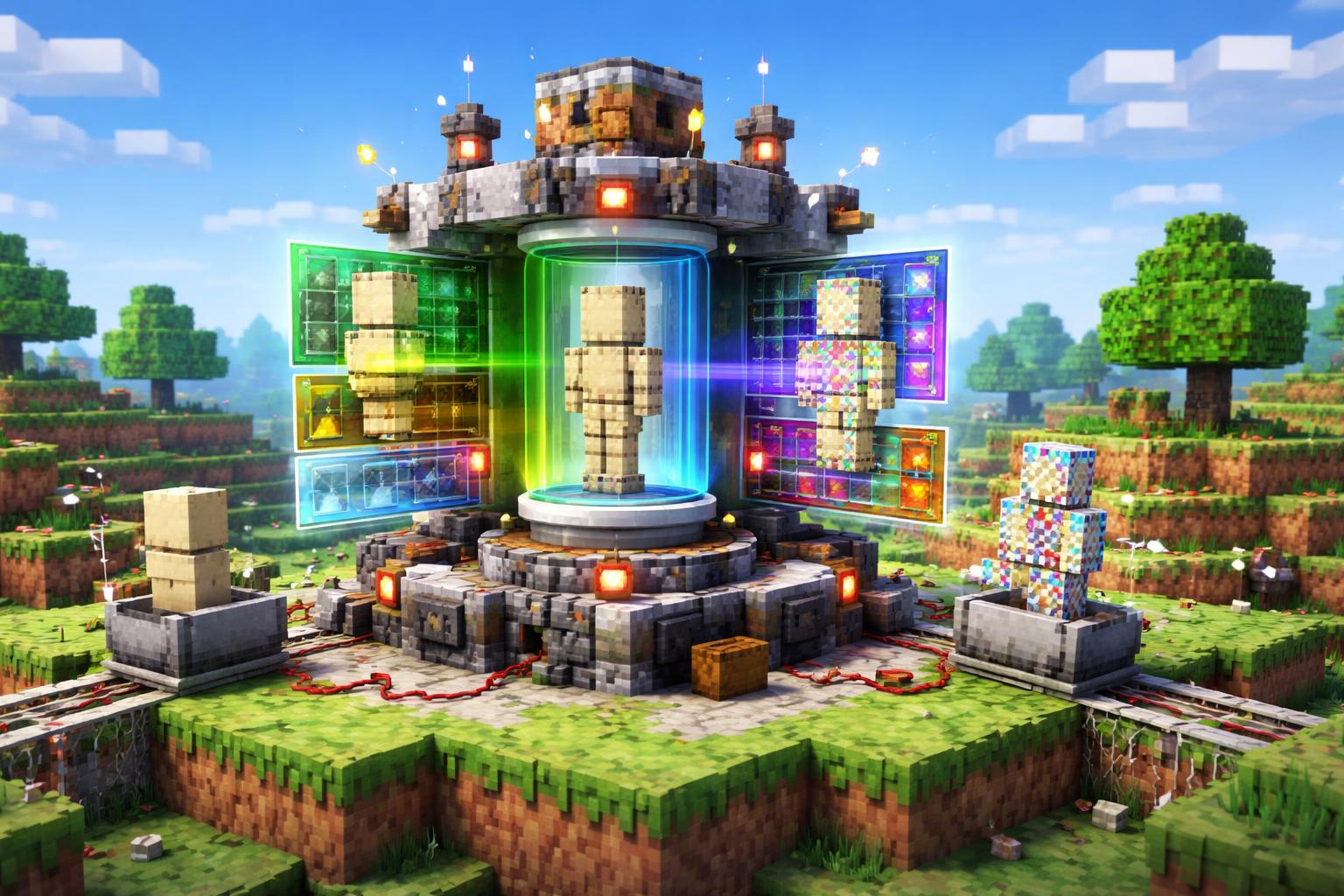 Voxel banner showing a model diagnostic machine on a grassy plateau