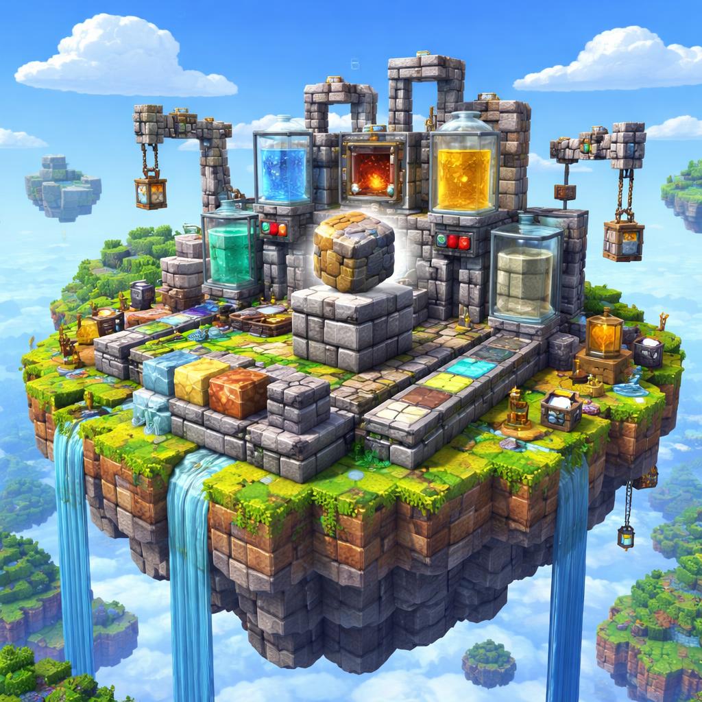 Voxel floating island factory demonstrating surface and material changes