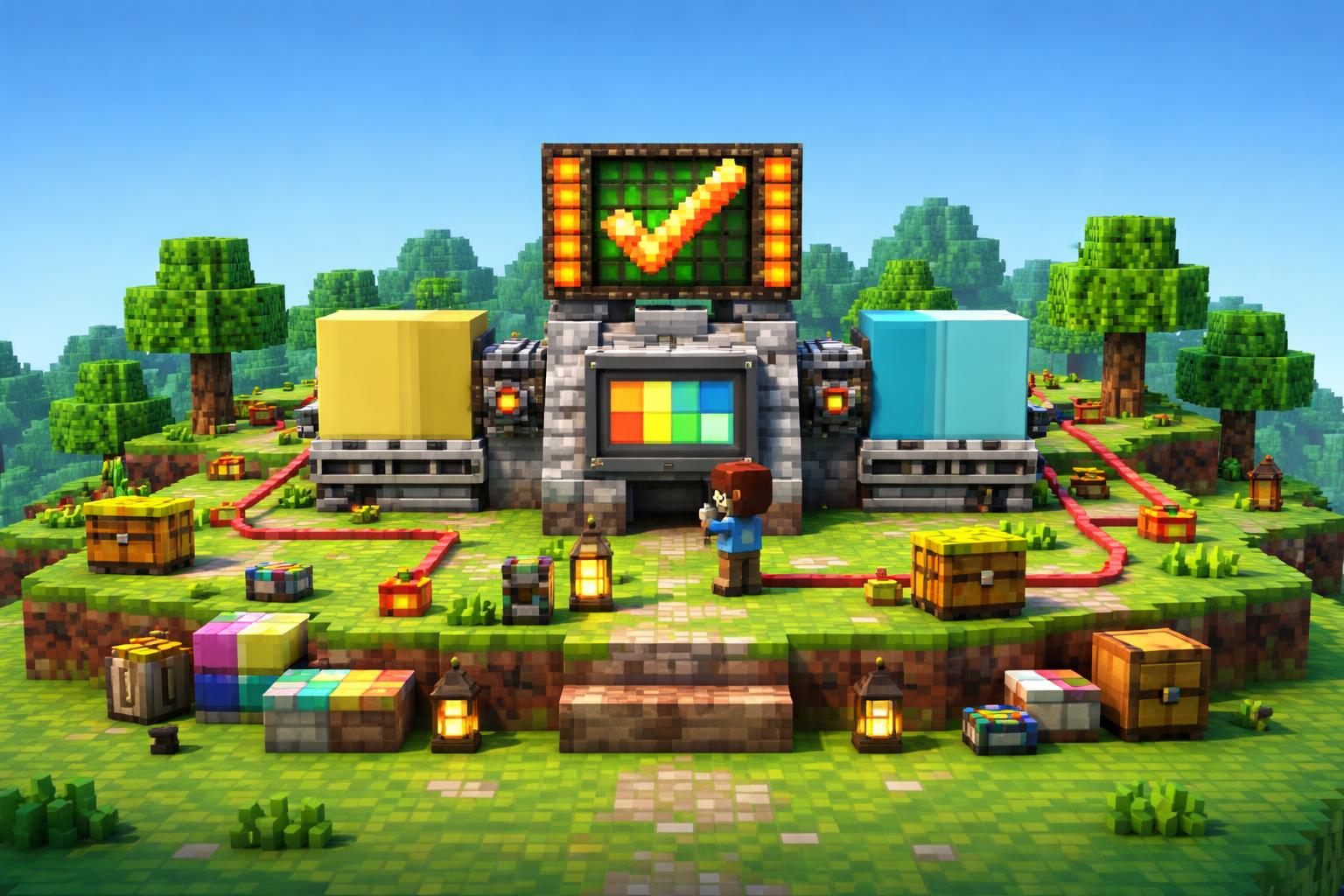 Voxel banner showing a contrast-checking machine in a grassy workshop