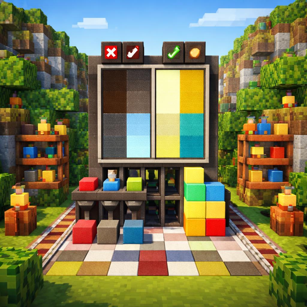 Voxel workshop with a color comparison tower testing readable and unreadable blocks
