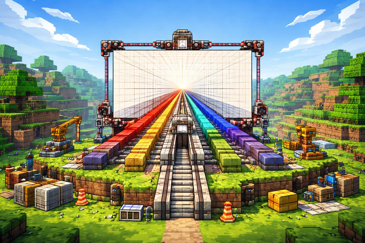Hero banner showing a voxel drafting machine forming converging perspective lines