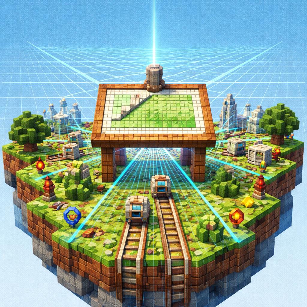 Voxel depth-planning scene with converging grid beams across a floating island