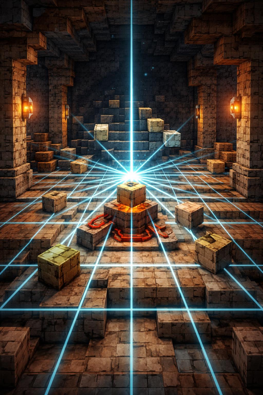Voxel cave workshop with a glowing vanishing-point device and grid beams