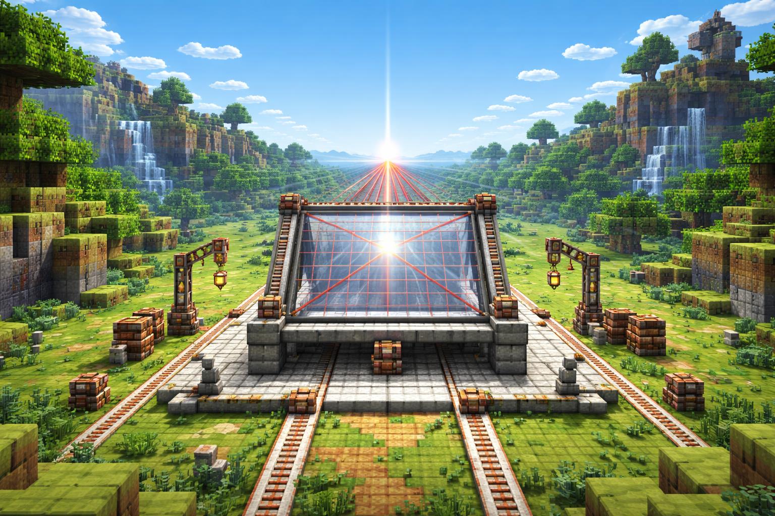 Voxel banner showing a perspective grid machine on a grassy plateau