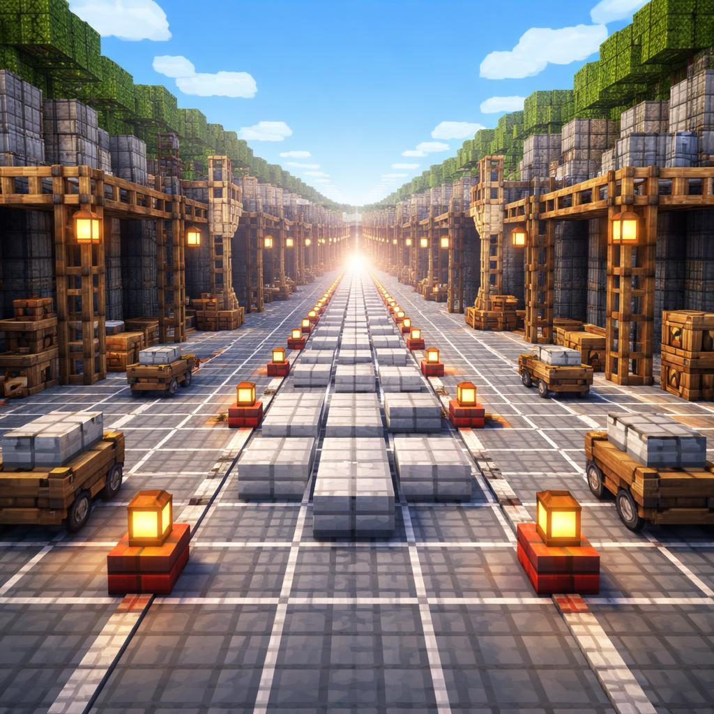 Voxel city layout showing depth lines converging into a vanishing point