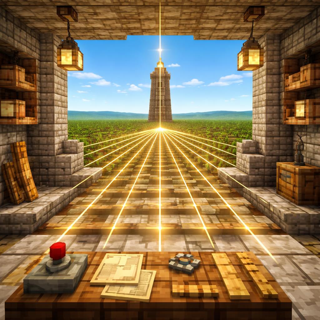 Voxel workshop scene showing a perspective grid being assembled