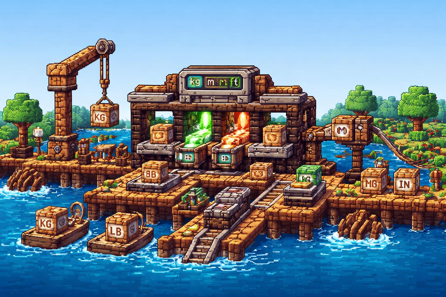 A riverside voxel conversion kiosk showing measurement crates being sorted into exact matches