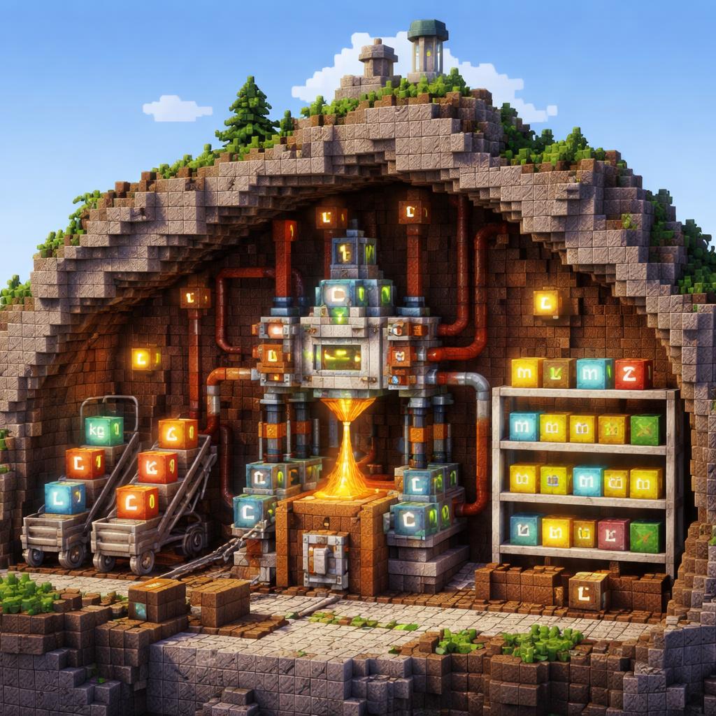 A cliffside lab with a conversion machine transforming mixed measurement blocks into consistent output