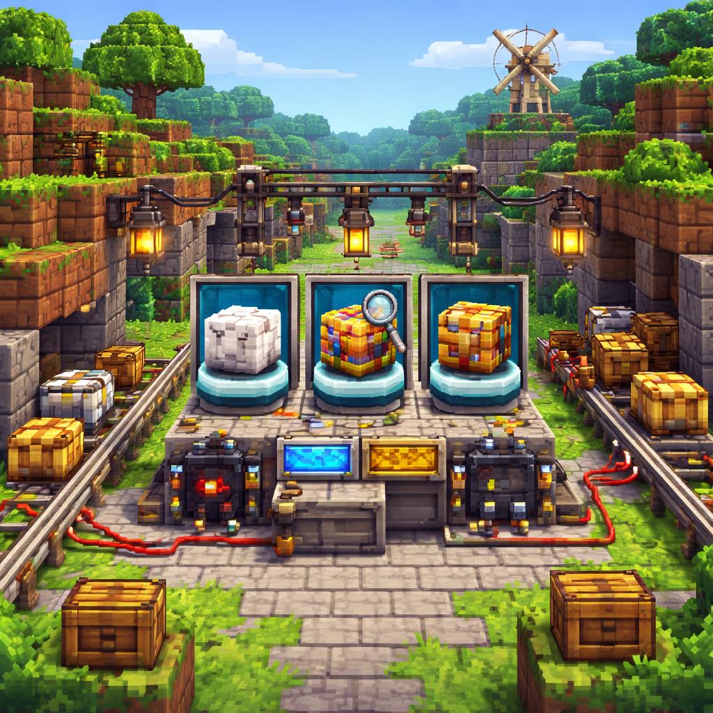 A voxel factory valley with the same 3D object shown across inspection, viewing, and output stages